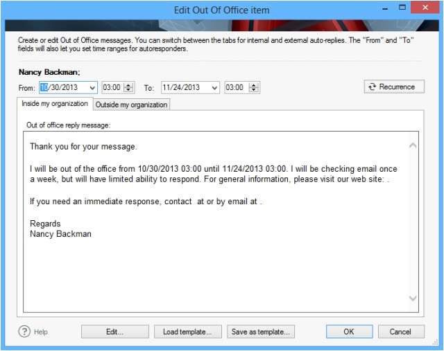 central management of recurring out of office messages in office 365 exchange