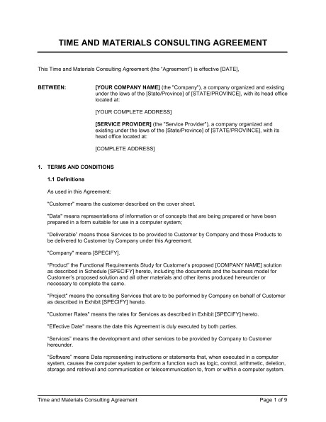 Time and Material Contract Template Time and Materials Consulting Agreement Template
