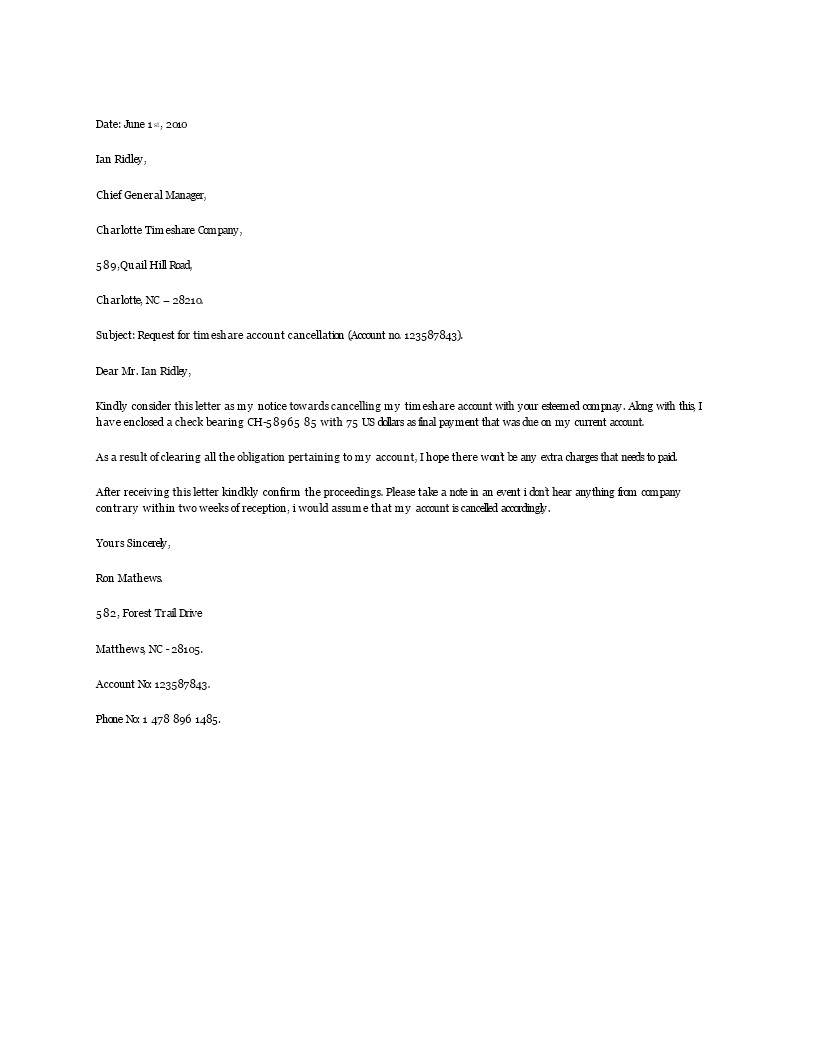 timeshare cancellation letter