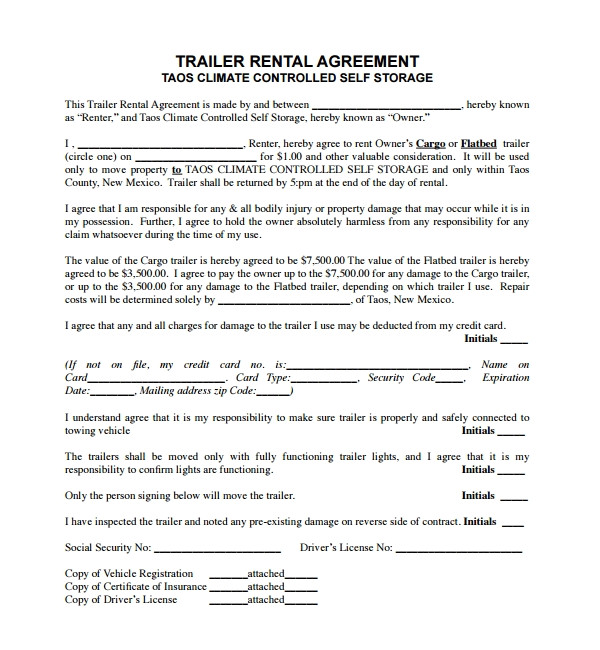 trailer rental agreement template
