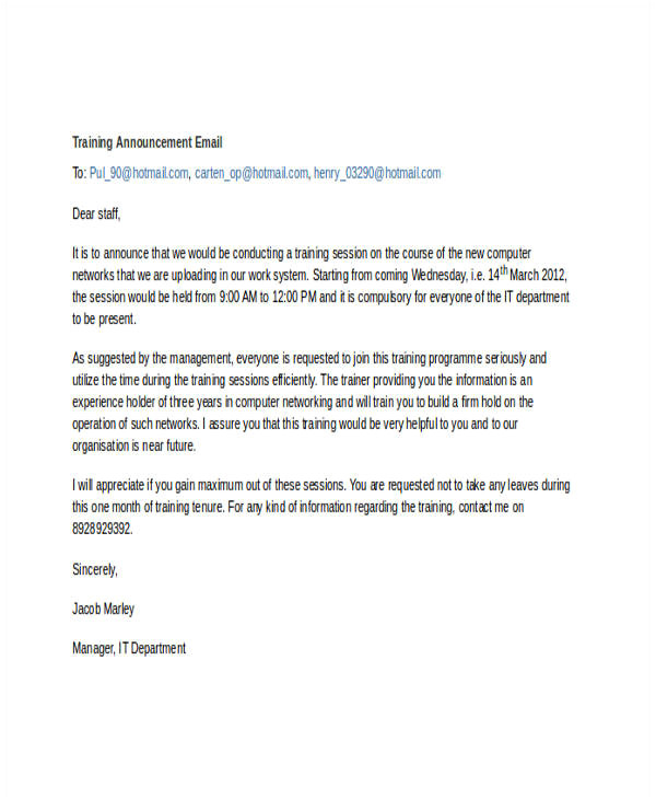 Training Announcement Email Template 11 Announcement Email Examples Samples Pdf Doc