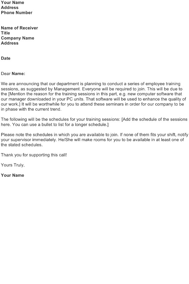 employee training session announcement letter