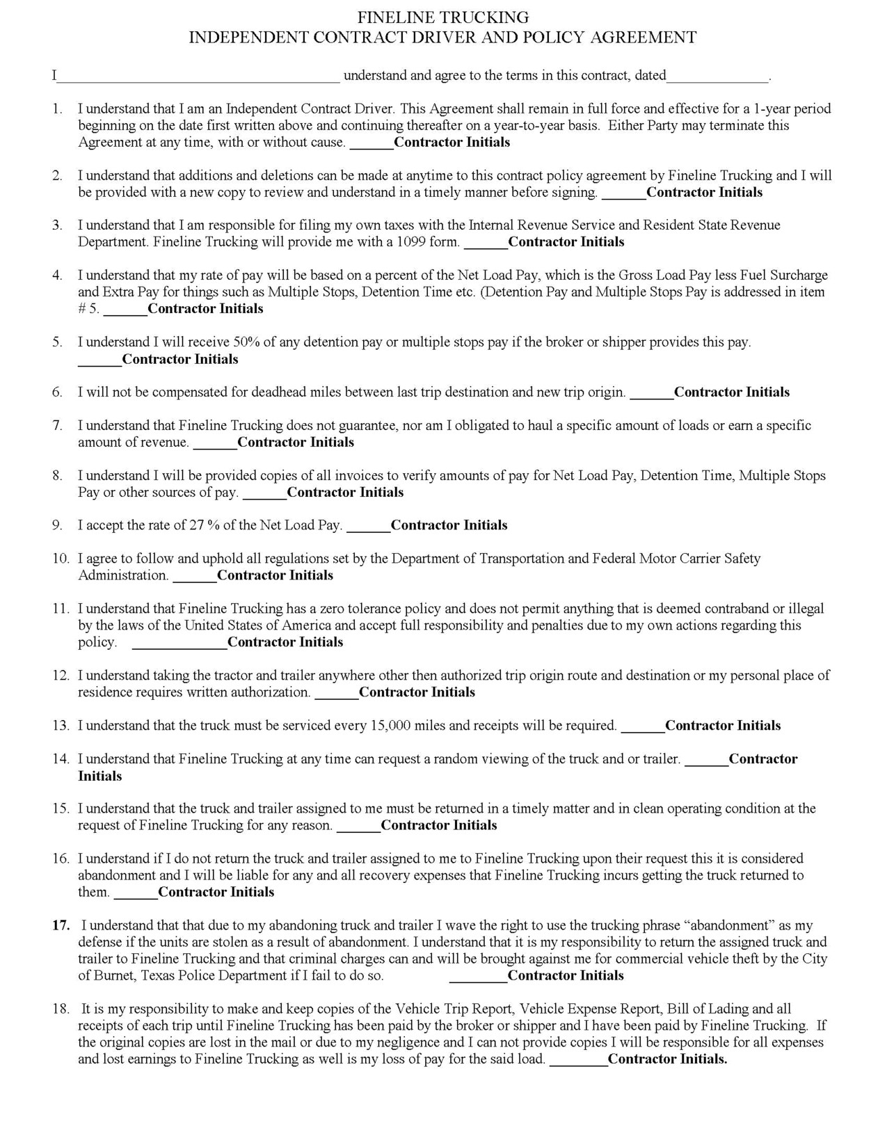 100722 truck driver contract agreement template