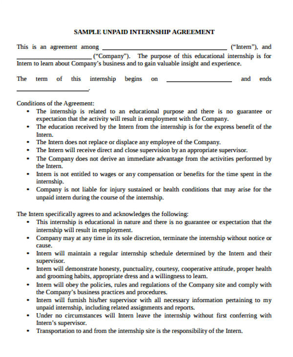 Unpaid Internship Contract Template 35 Agreement Templates Free Premium Templates
