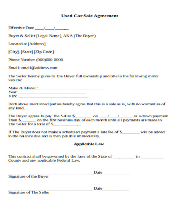 Used Car Contract Template Sample Used Car Sale Contract 7 Examples In Word Pdf
