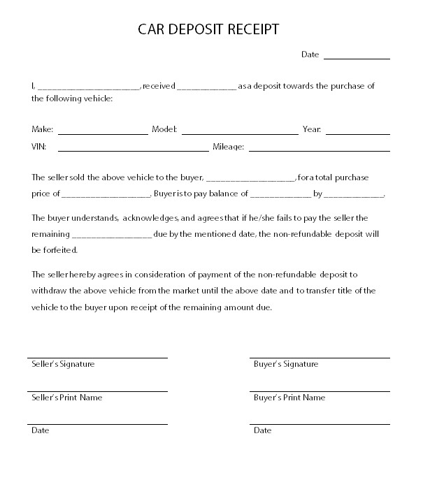 Used Car Deposit Contract Template Car Deposit Receipt Template Word Doc format Excel