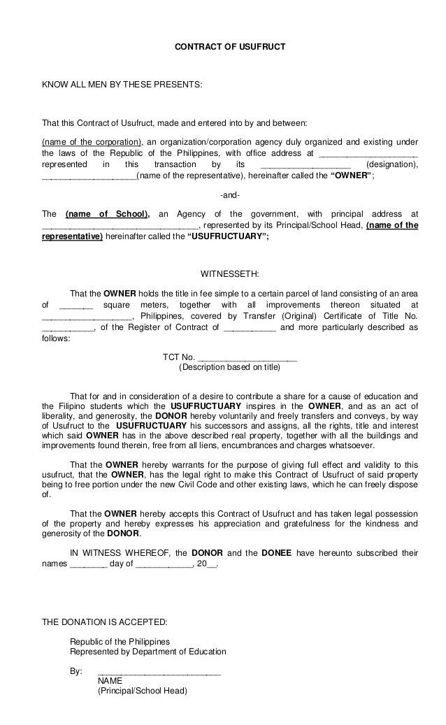 Usufructuary Contract Sample Template Contract Of Usufruct