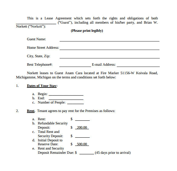 sample vacation rental agreement template