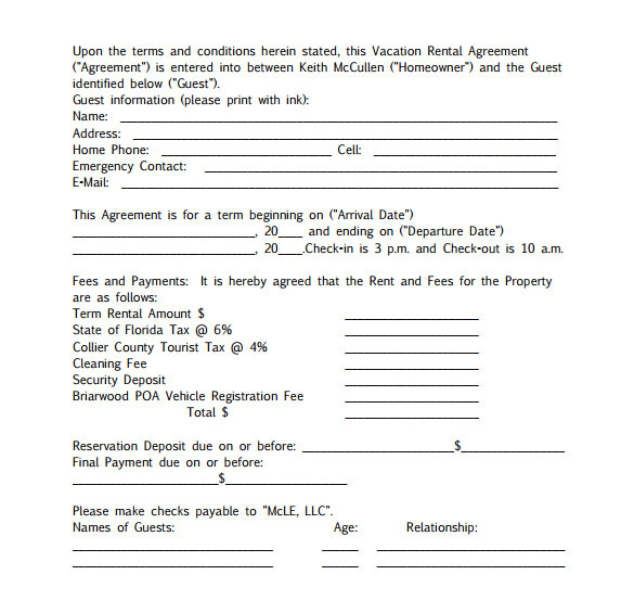 sample vacation rental agreement template