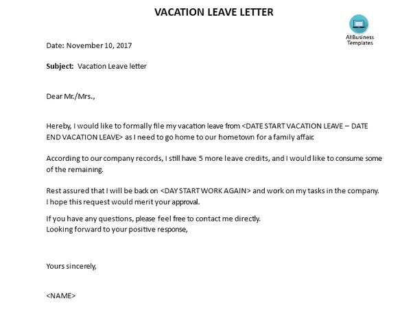 what are some examples of a vacation leave letter