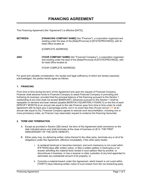 Vehicle Owner Finance Contract Template Financing Agreement Template Sample form Biztree Com