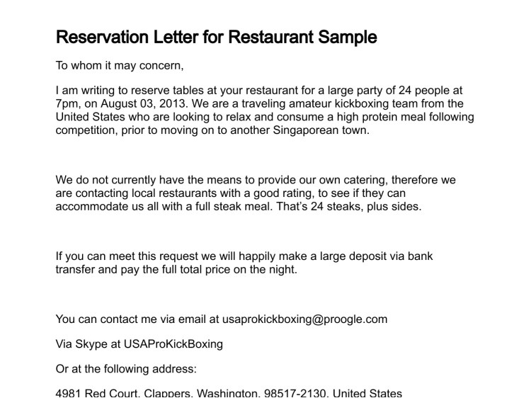 letter of making reservation