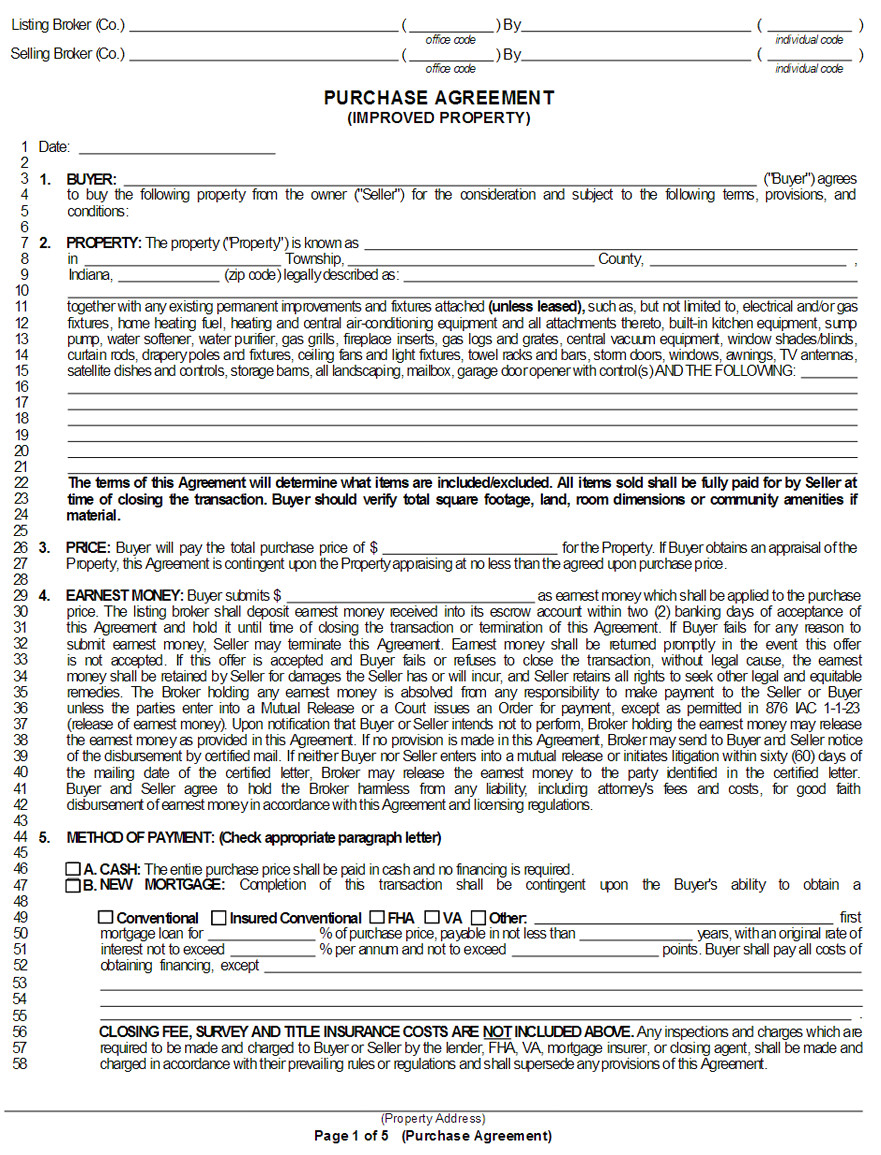 indiana purchase and sale agreement form