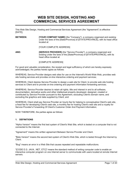 Web Services Contract Template Website Design Hosting and Commercial Services Agreement
