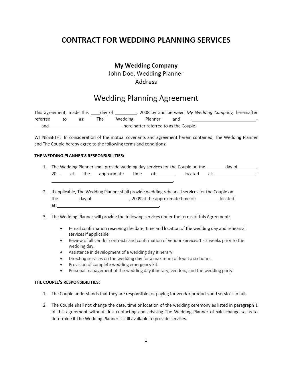 wedding planner contract template respond