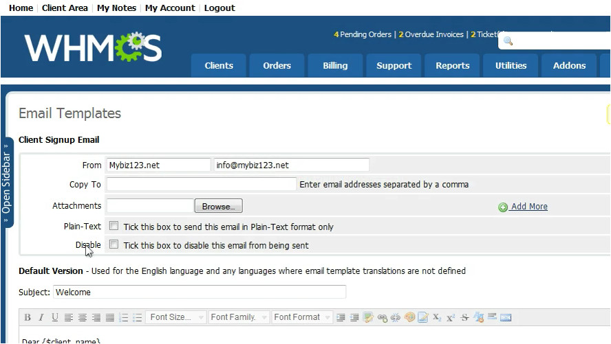 how to customize the e mail templates used by whmcs