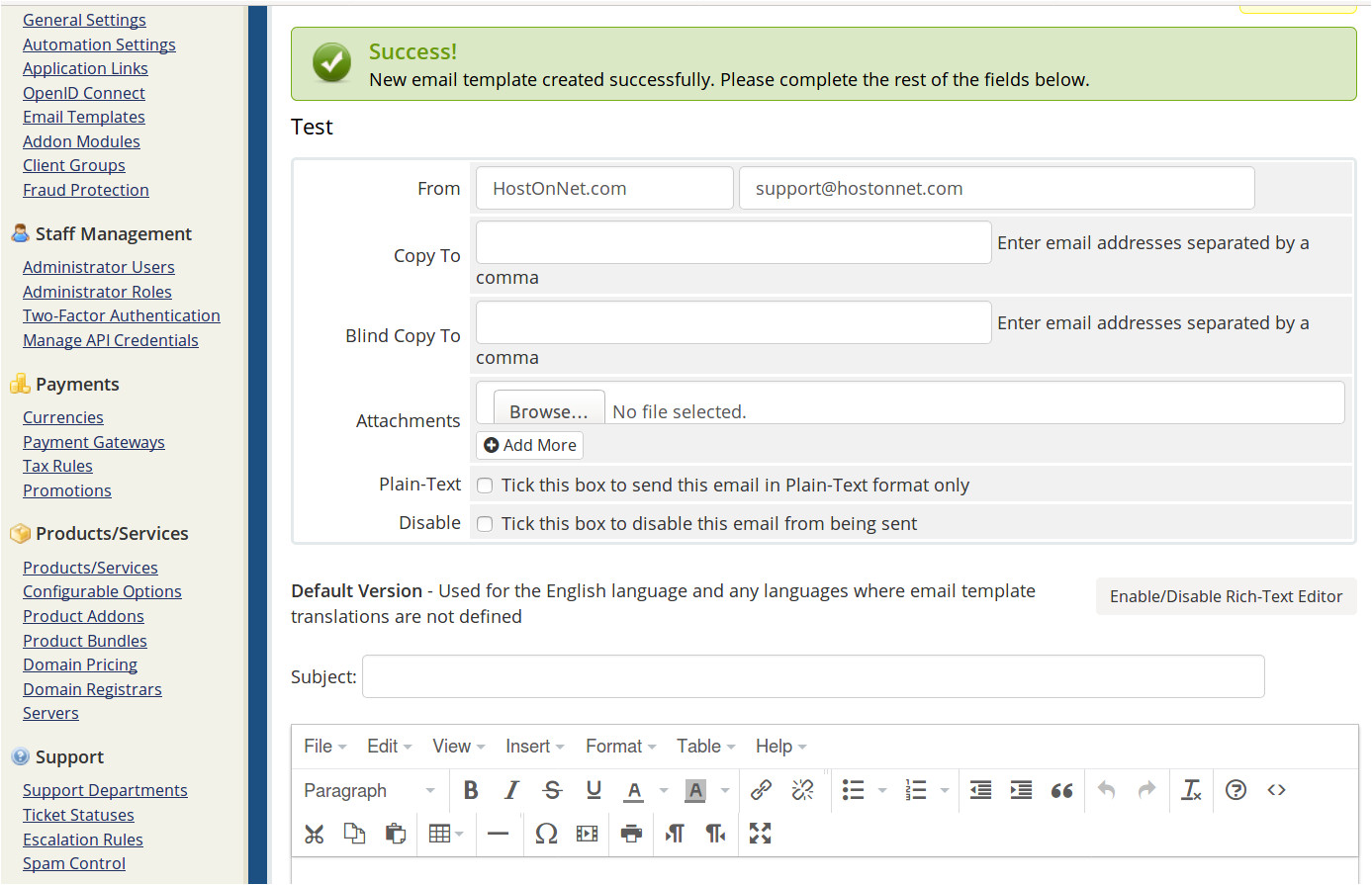 manage email templates in whmcs
