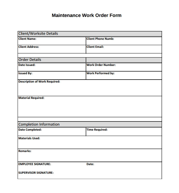 maintenance work order form