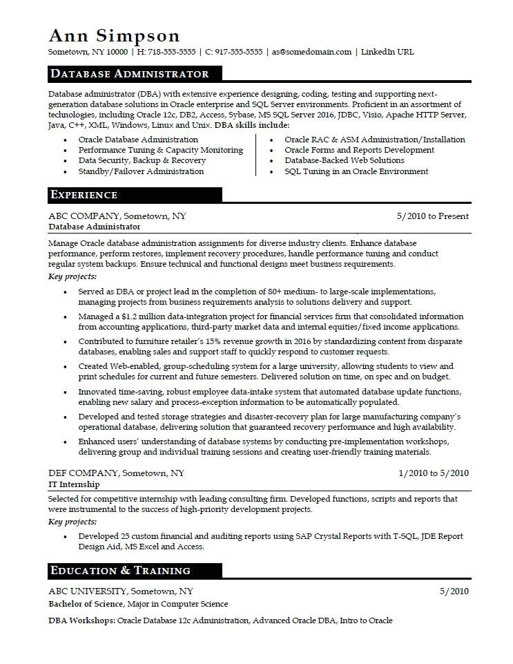 sample resume database admin
