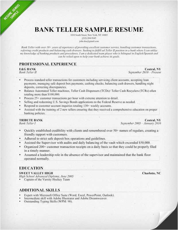 bank teller resume example