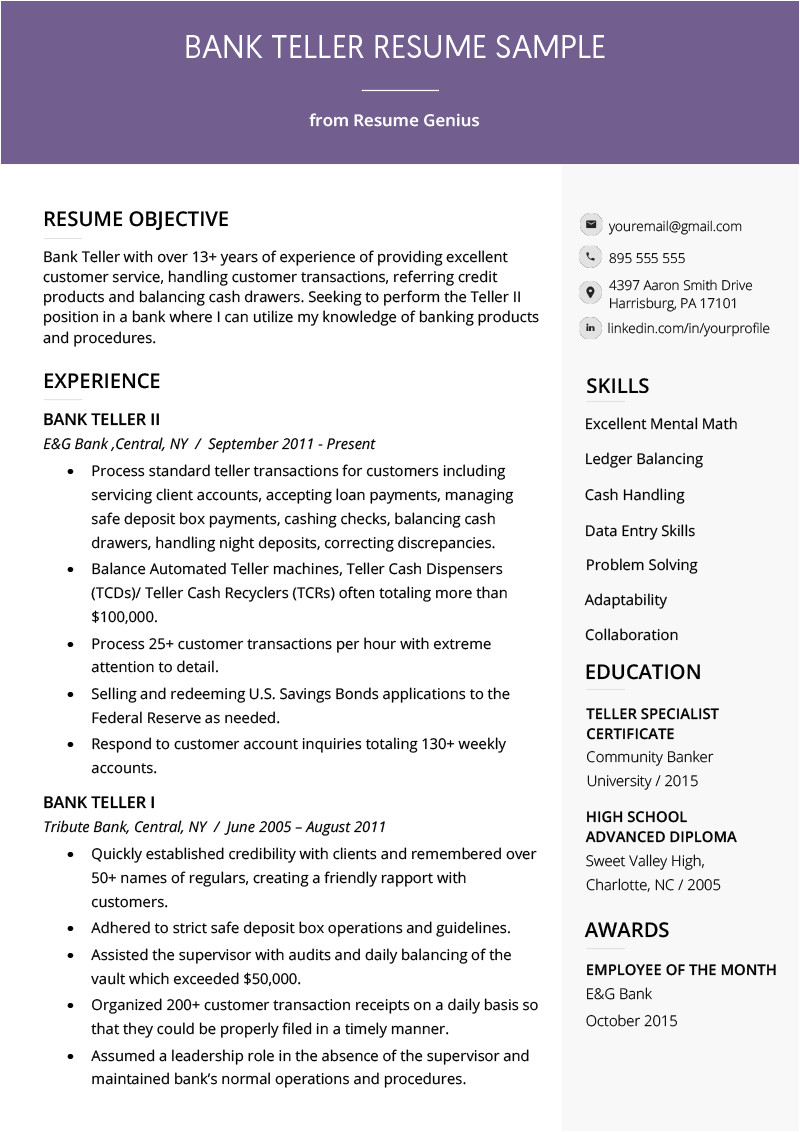 Bank Teller Resume Samples Bank Teller Resume Sample Writing Tips Resume Genius