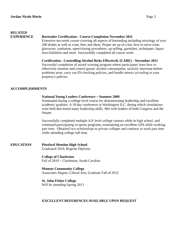 basic bartender resume templates and samples page2