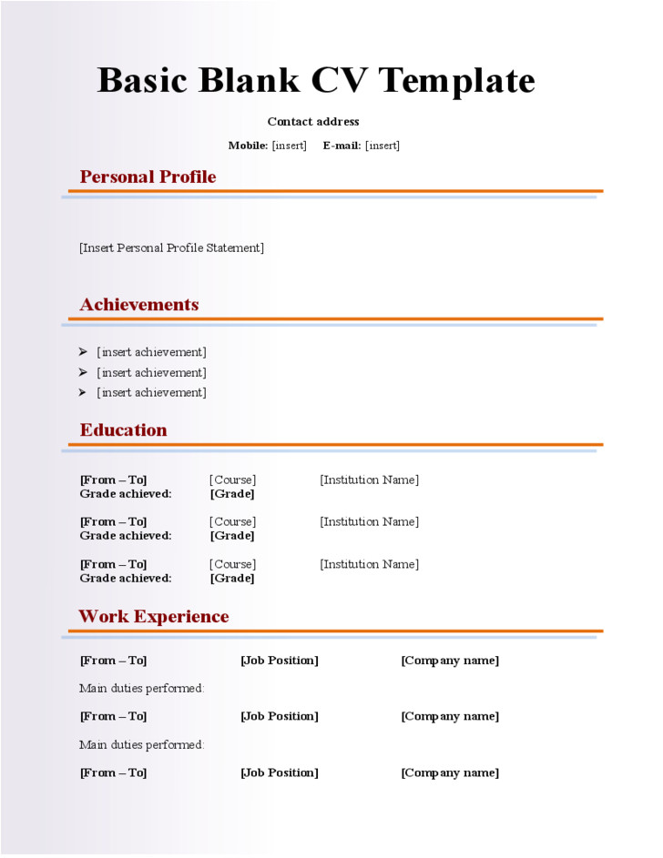 Basic Blank Resume Template Basic Blank Cv Resume Template for Fresher Free Download