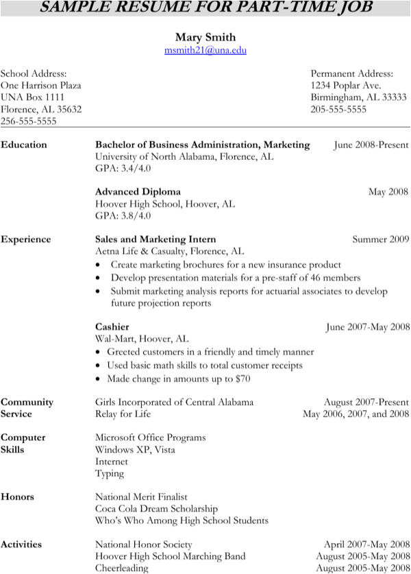 sample resume for part time jobs