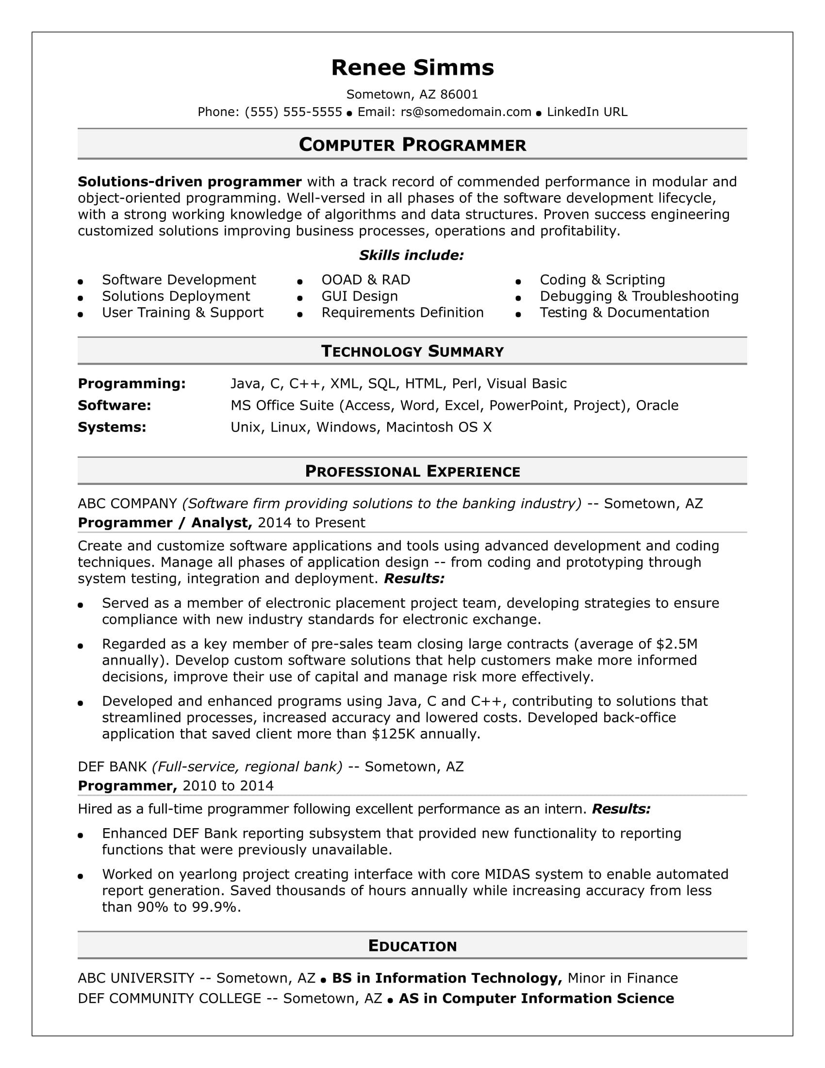sample resume computer programmer midlevel