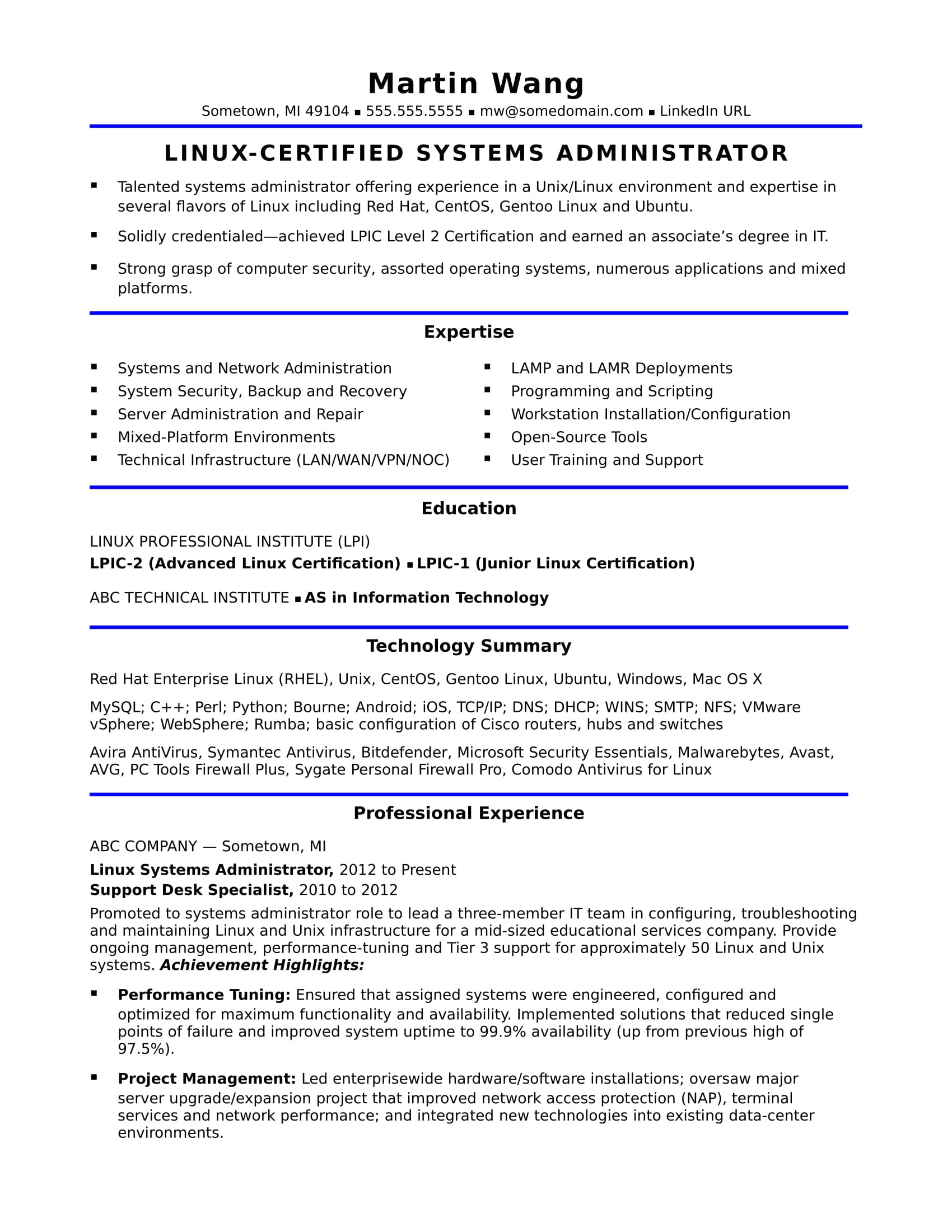 linux fresher resume format