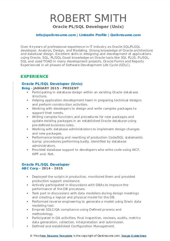 Basic Unix Resume Sample Pl Sql Developer Resume Samples Qwikresume