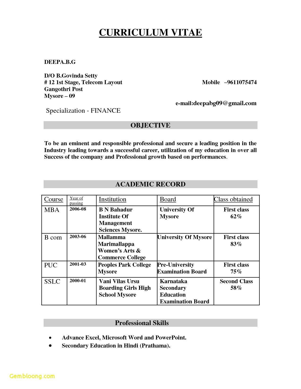 resume format for bcom freshers in word