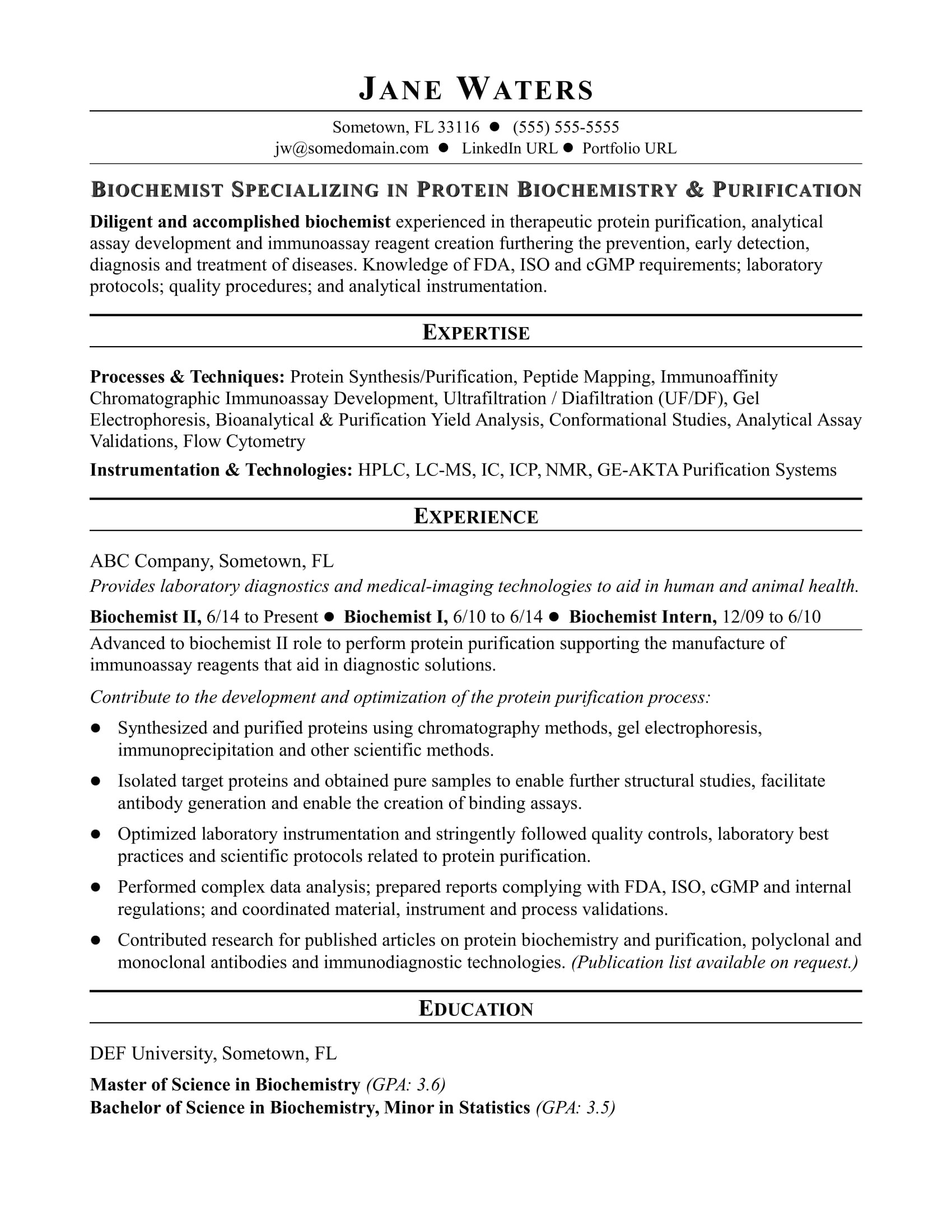 sample resume biochemist midlevel