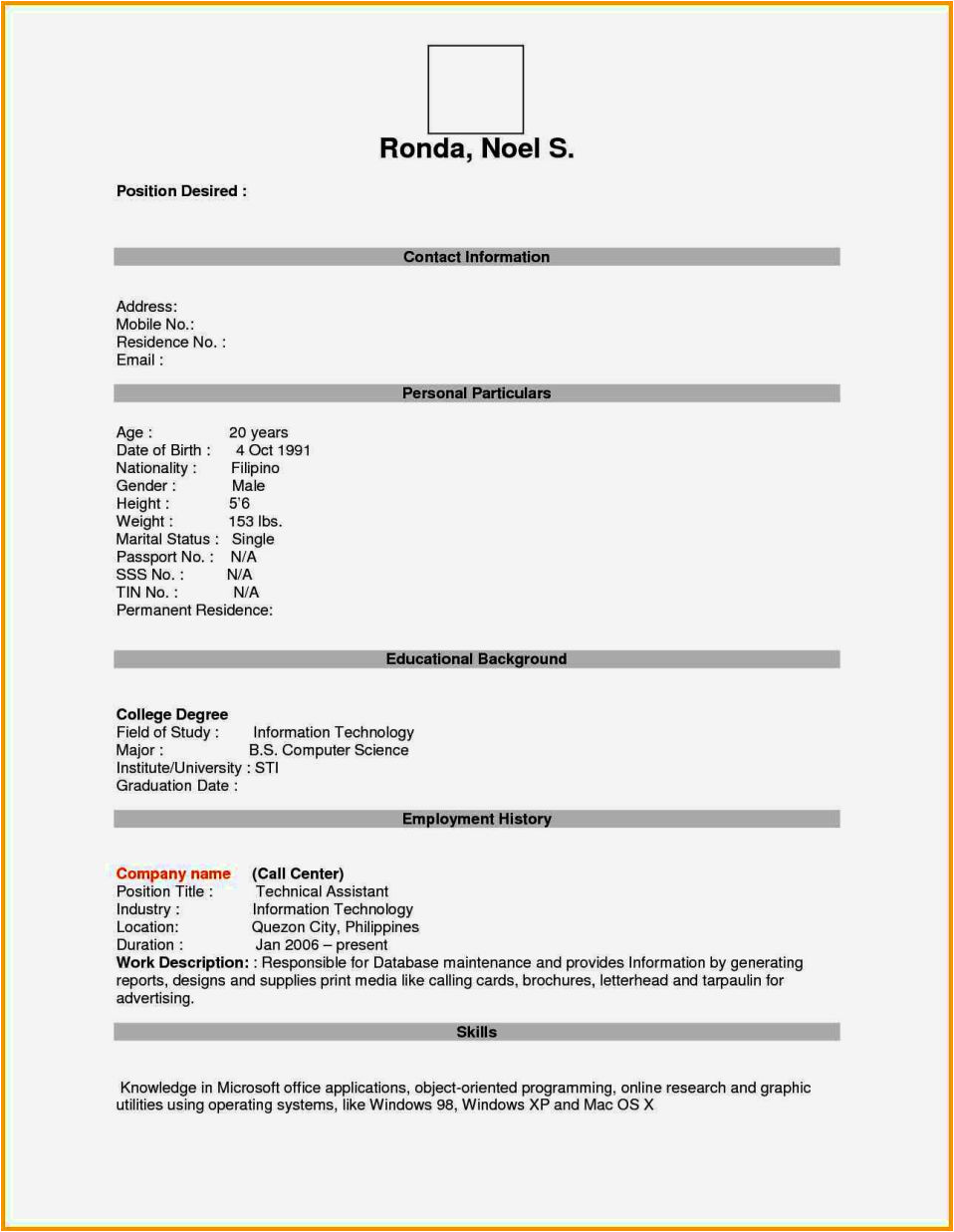 empty resume format pdf