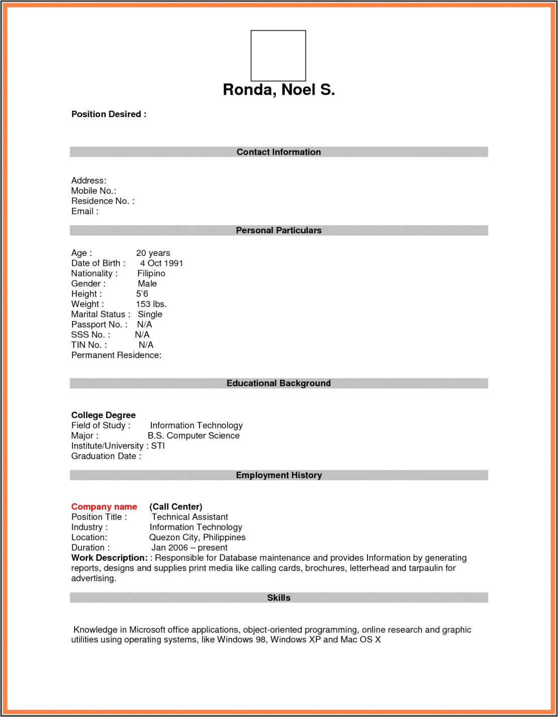 blank resume form for job application