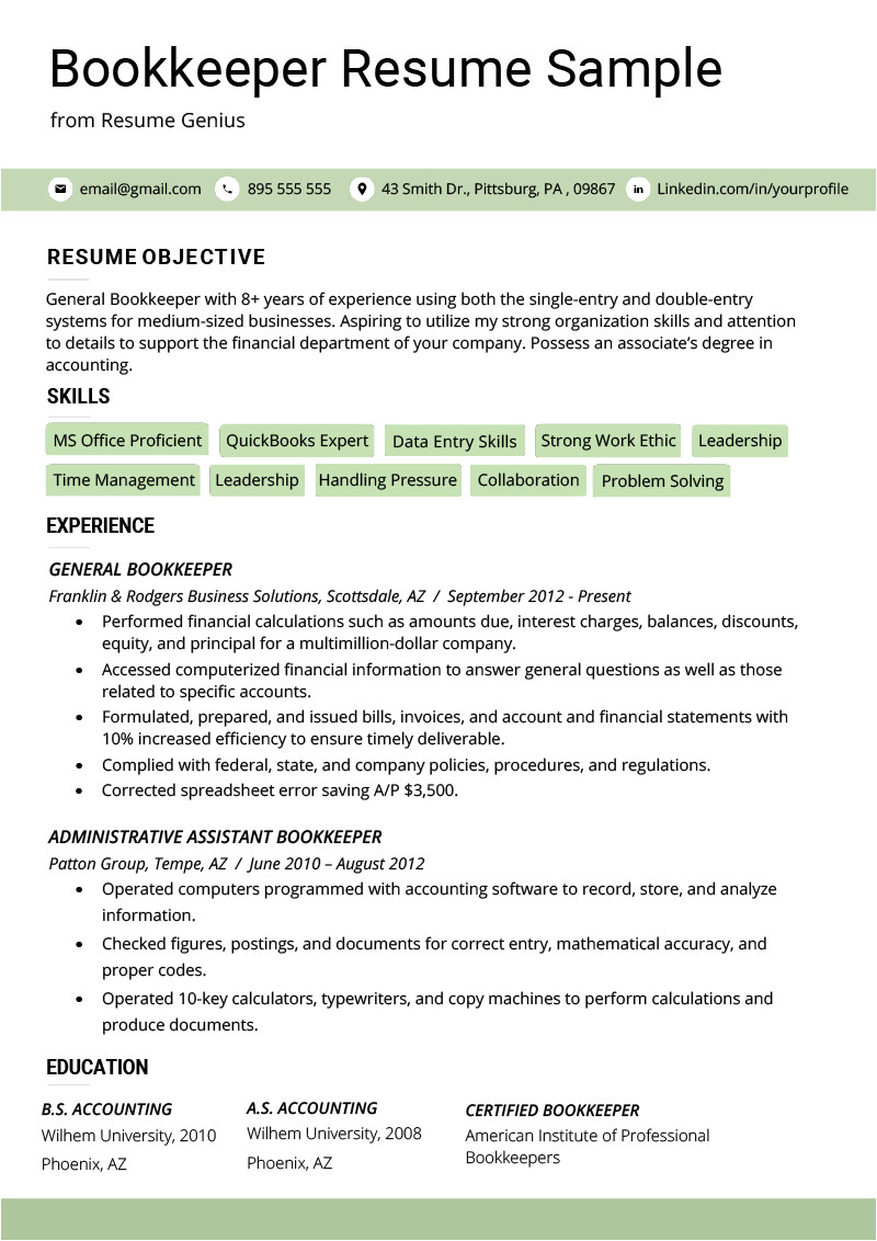 bookkeeper resume example