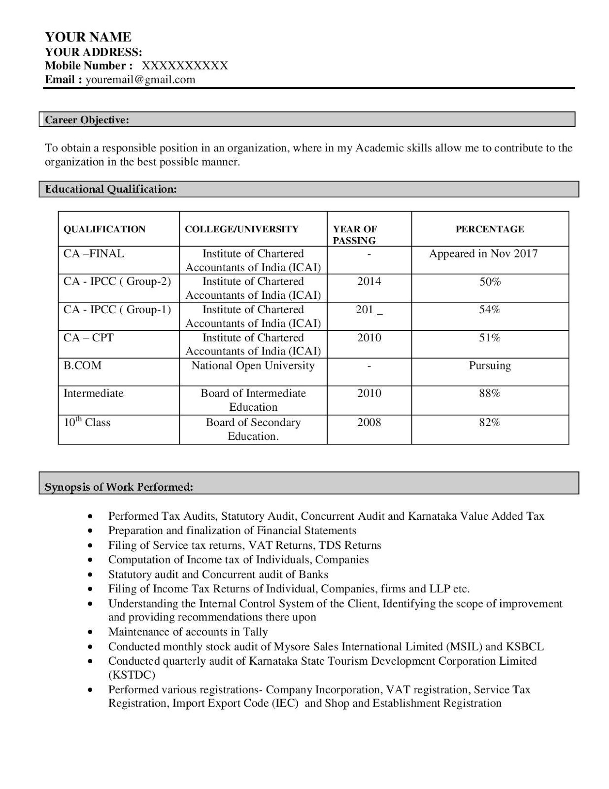 ca articleship resume sample example download in word