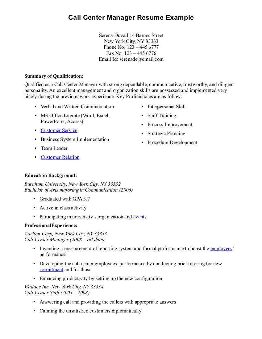 Call Center Resume Sample Call Center Resume Samples Sample Resumes