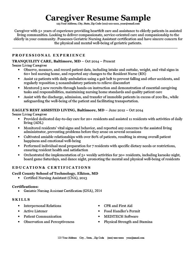 Caregiver Resume Sample Caregiver Resume Sample Writing Tips Resume Companion