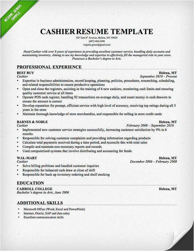 cashier resume example