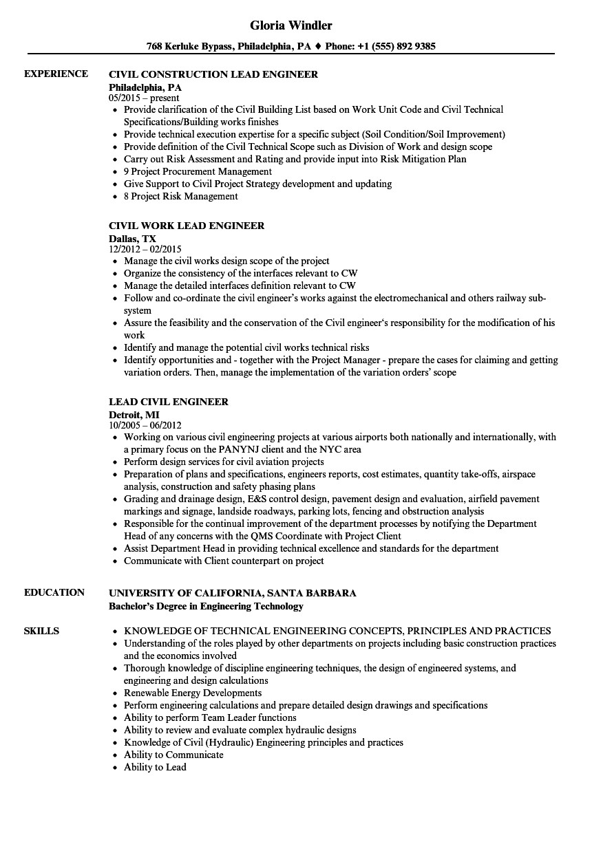 lead civil engineer resume sample