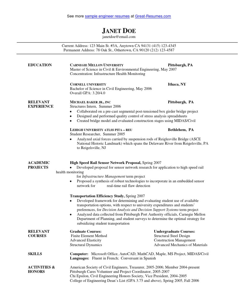 sample civil engineer resume