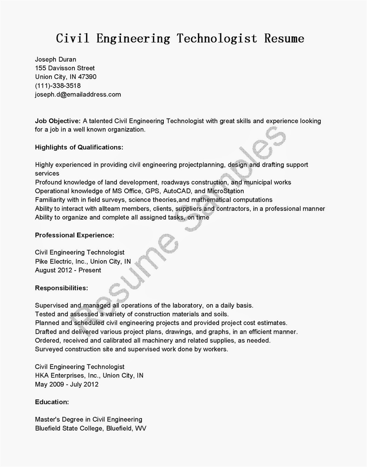 civil engineering technologist resume