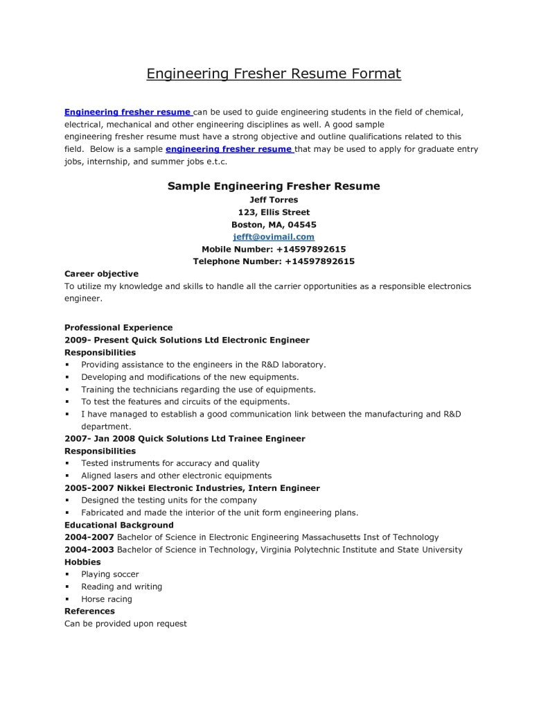 resume formats for fresher engineer