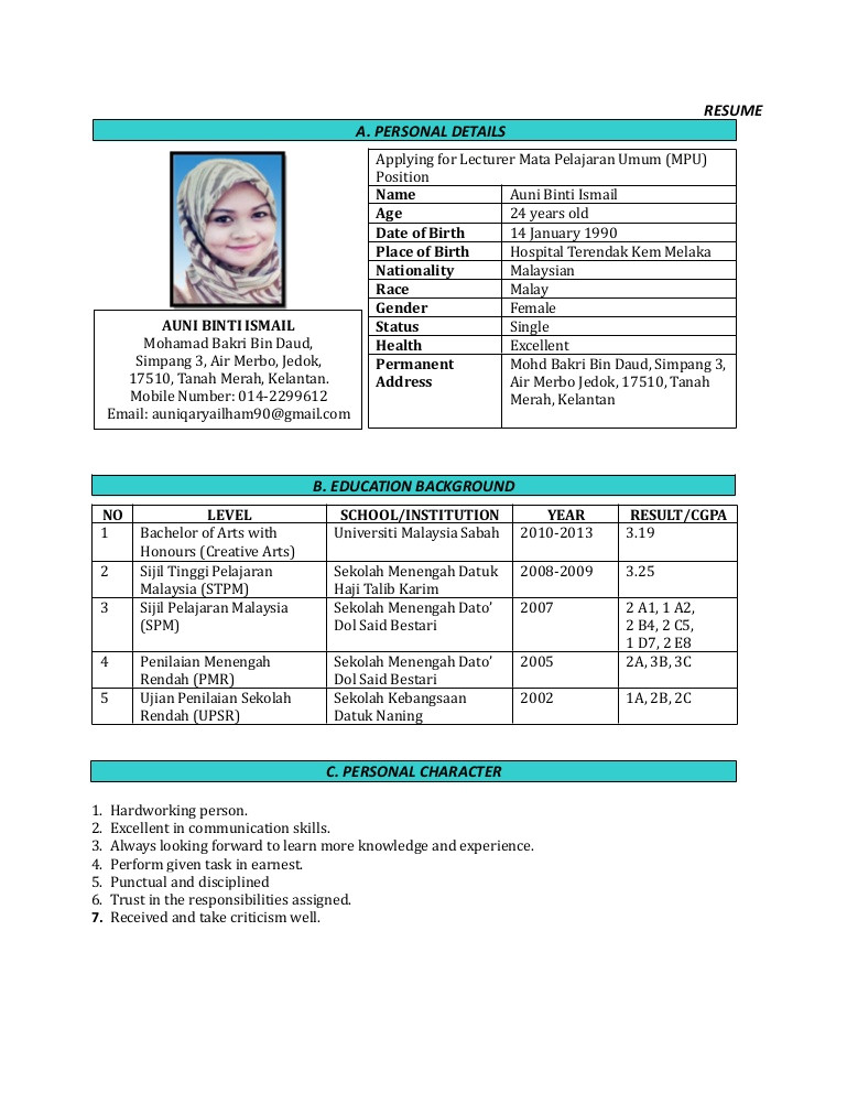 contoh curriculum vitae malaysia 2017