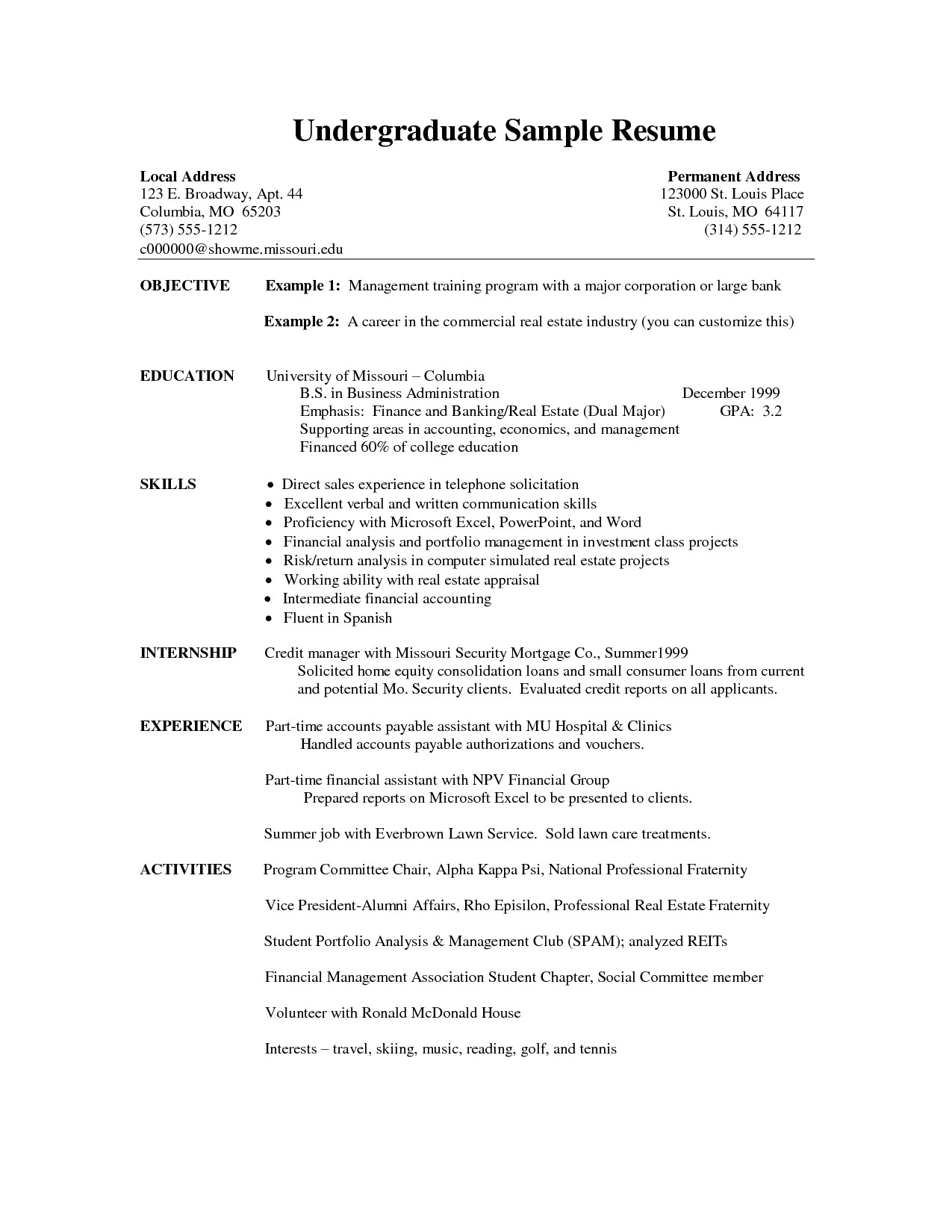 resume templates undergraduate