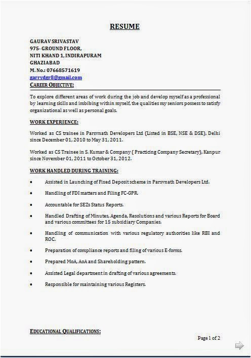 Cs Fresher Resume format Cs Fresher Cv format