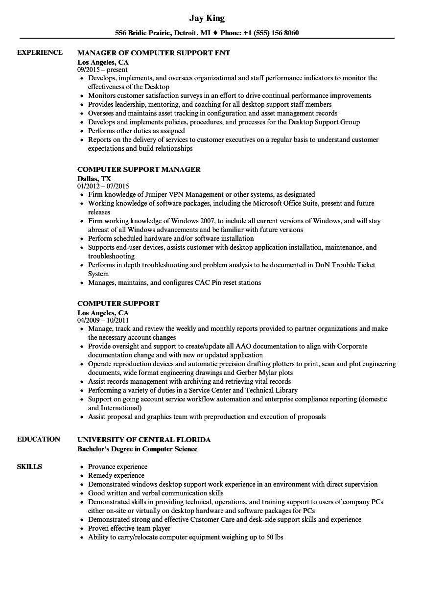 computer support resume sample
