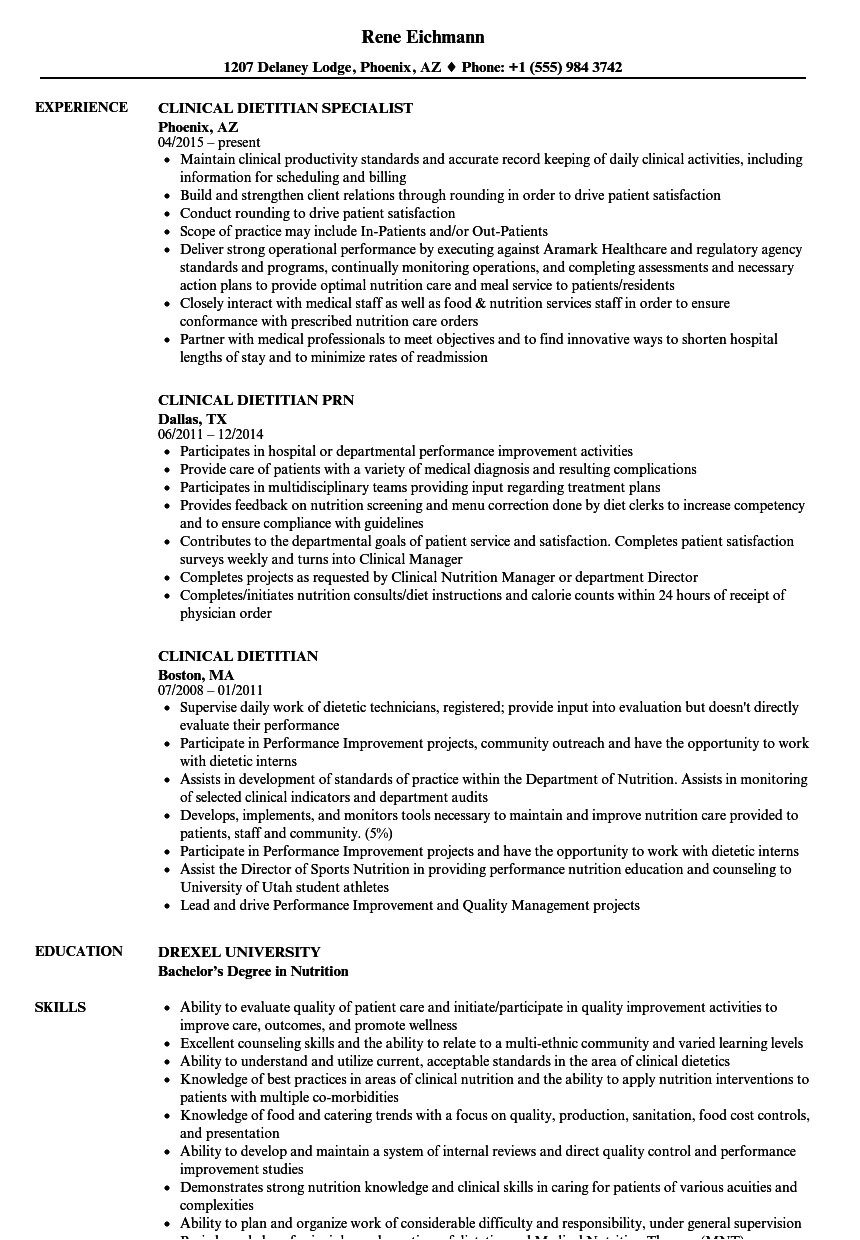 clinical dietitian resume sample