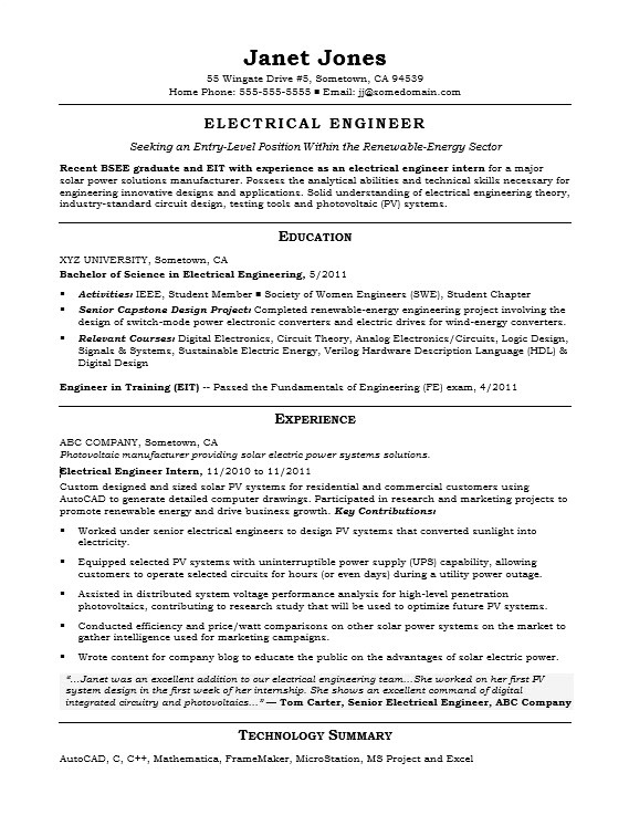 sample resume electrical engineer entry level